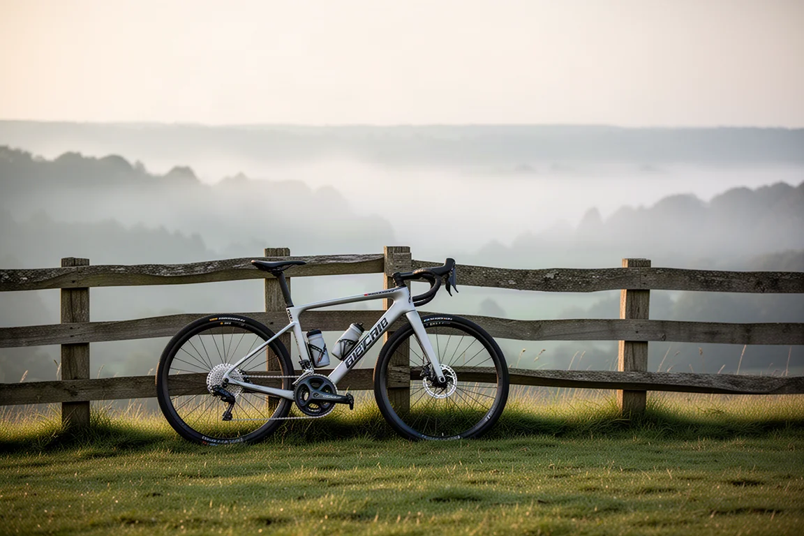 Bicicleta cross-country ligera en lo alto de una subida herbosa con niebla matinal
