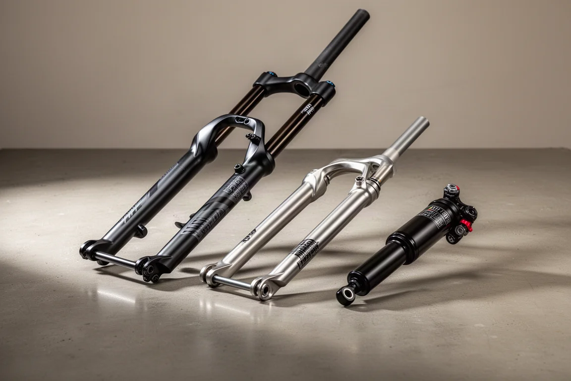コンクリート面に置かれたRockShox Sid UltimateとSid SLのフォーク、SidLuxリアショック