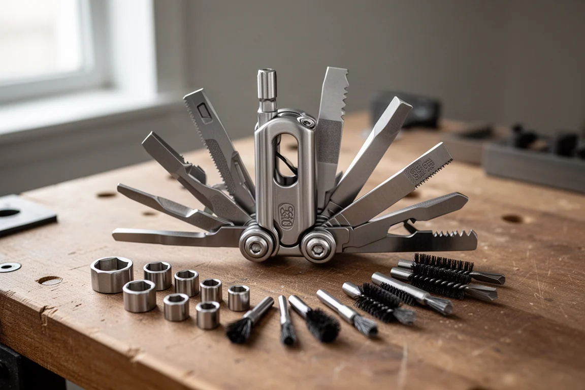 Modular multi-tool with implements fanned out on a workbench