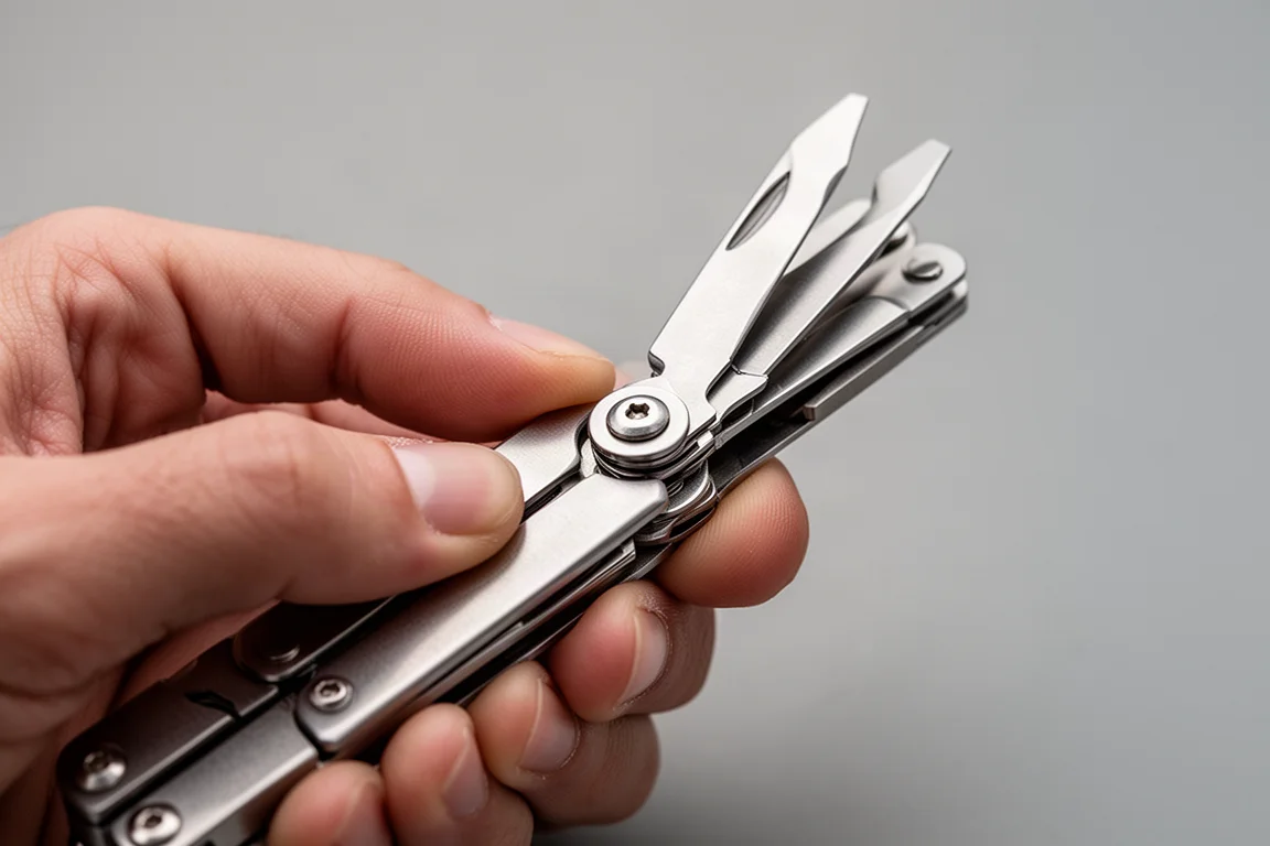 Hands deploying a fold-out tool one-handed