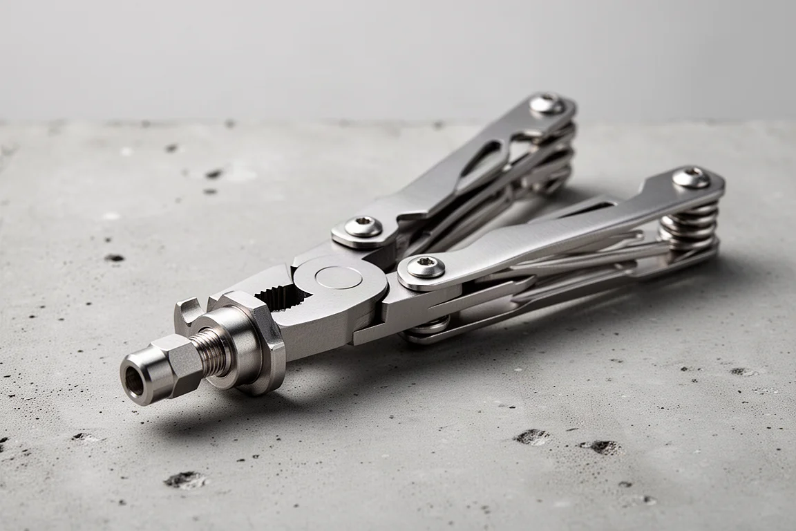 Multi-tool pliers gripping a small metal part