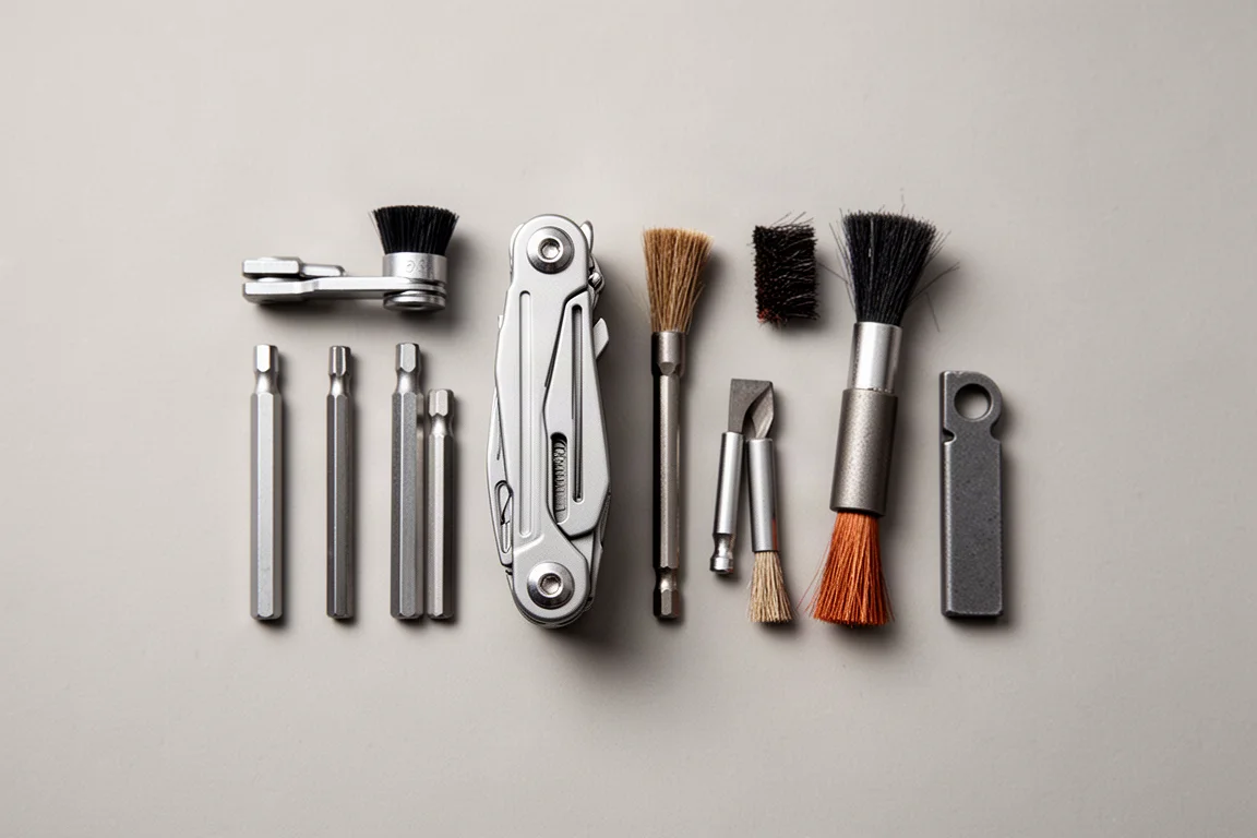 Multi-tool laid flat with interchangeable implements arranged beside it