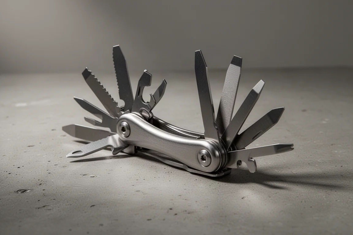 Modular stainless steel multi-tool with implements fanned open on concrete