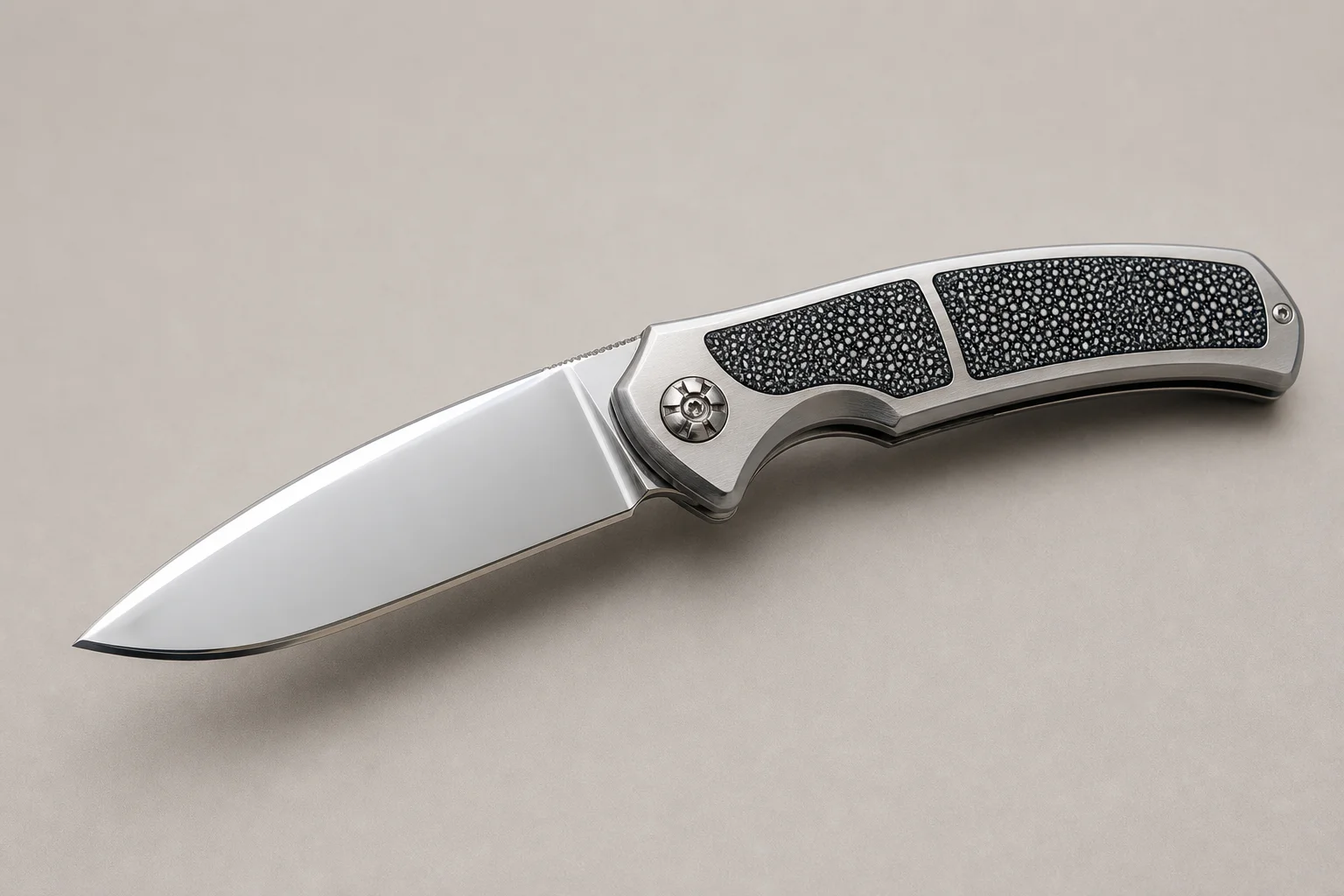 Premium folding knives with titanium handles and Damasteel blades on a dark slate surface