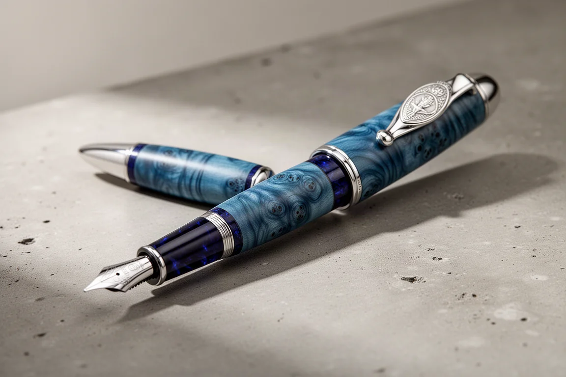 Blue handmade wooden fountain pen with sterling silver accents on a concrete surface