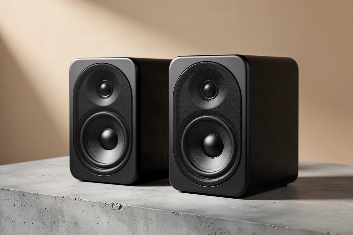 Pair of compact black bookshelf speakers on a matte concrete surface