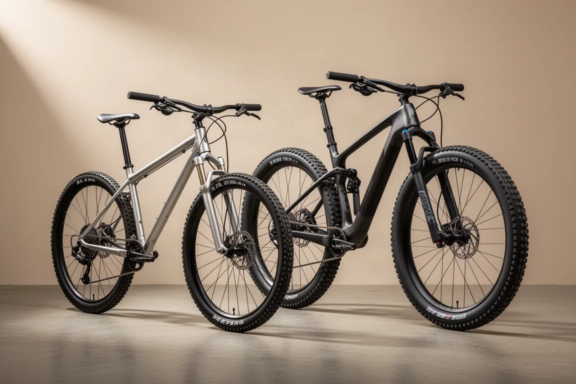 コンクリートの上に並んだ、旧型の26インチ フルサスペンションマウンテンバイクと現代的な29インチ カーボン フルサスペンションバイク