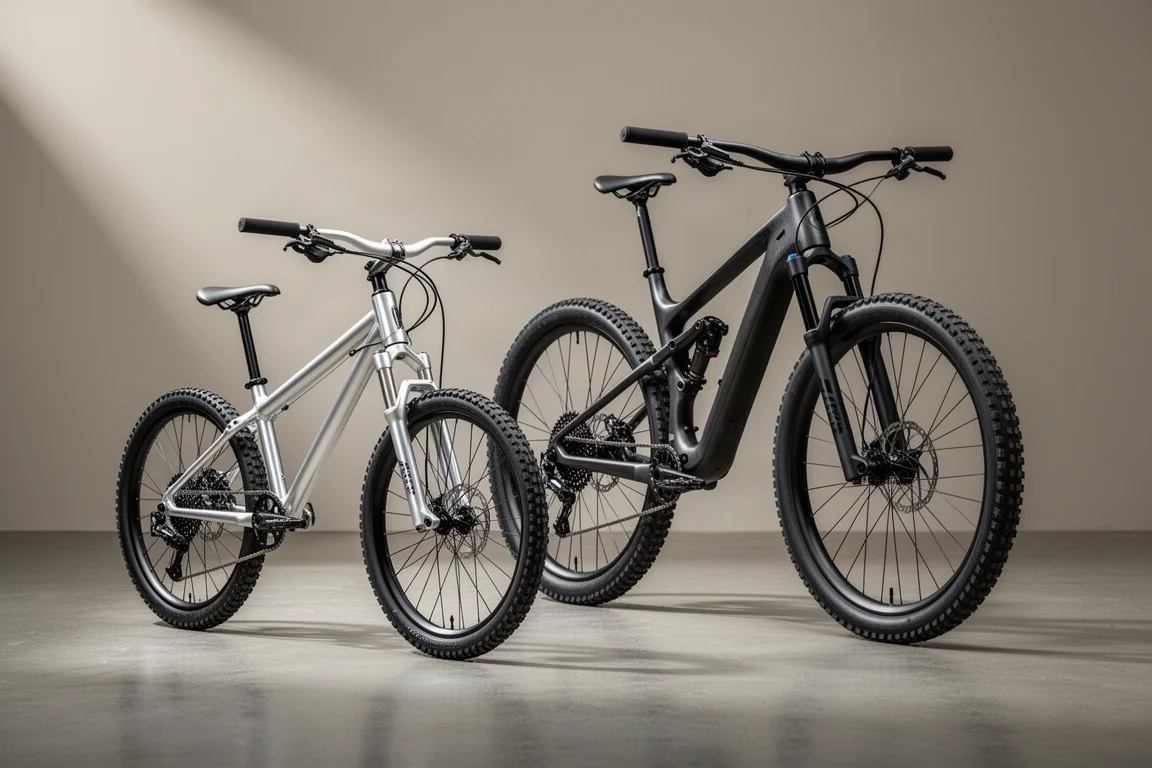 Vintage aluminium en moderne carbon full-suspension mountainbikes naast elkaar tentoongesteld