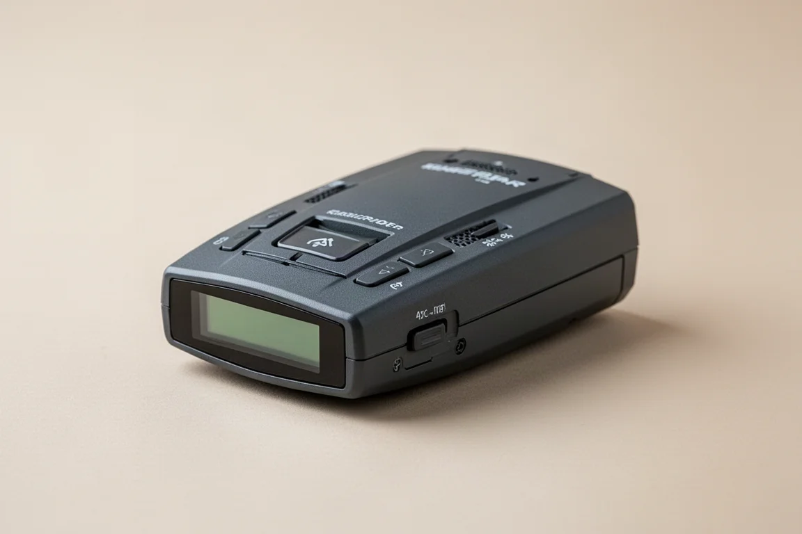 Collection of modern radar detectors on a matte concrete surface