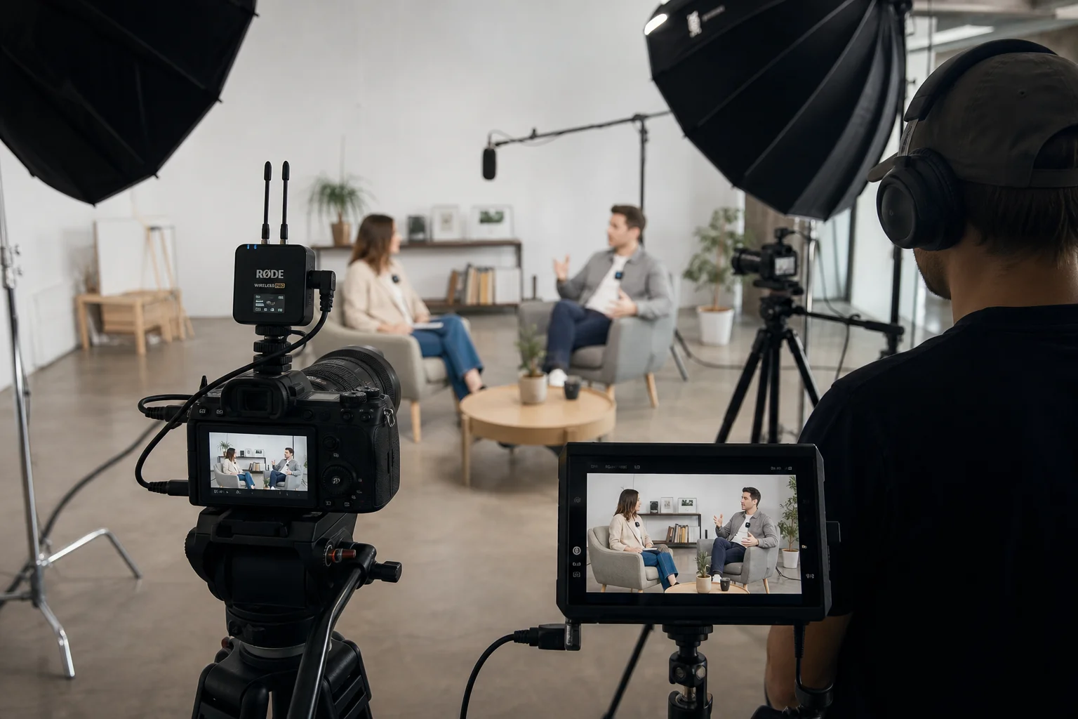Wireless microphone system in use during multi-camera video production