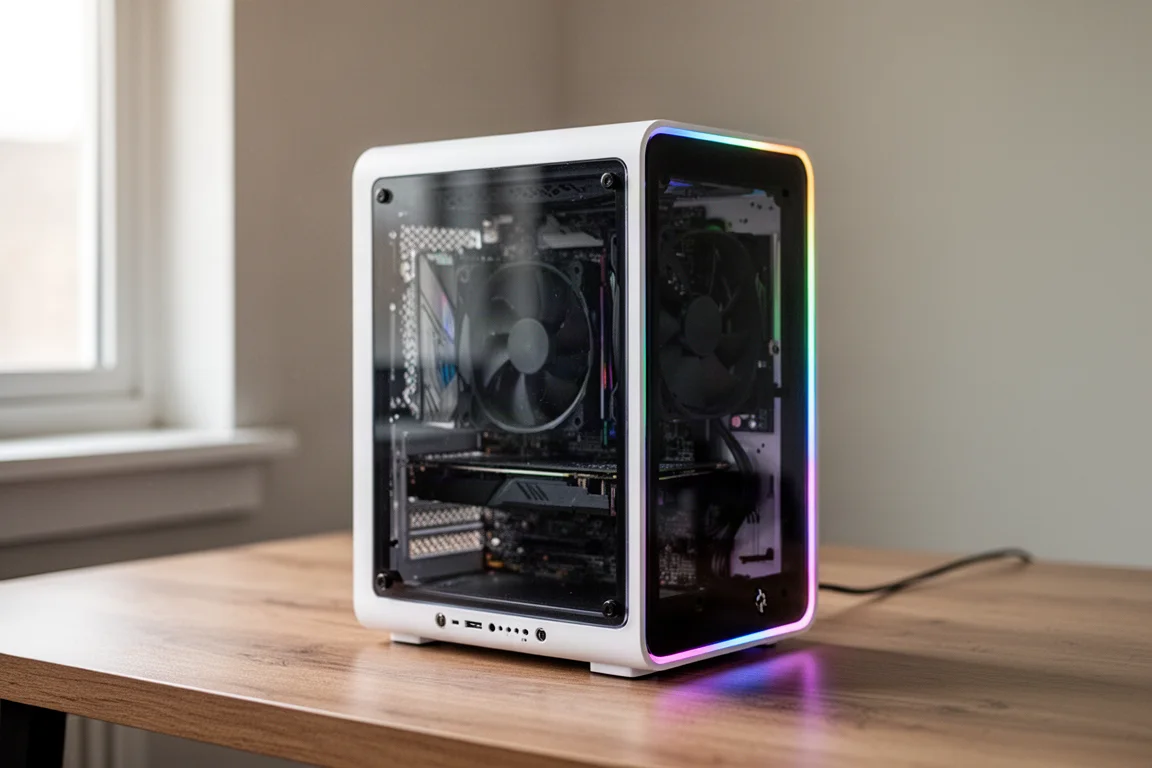 Weißer ROG NUC 16 Mini-PC aufrecht stehend mit halbtransparenter Seitenwand