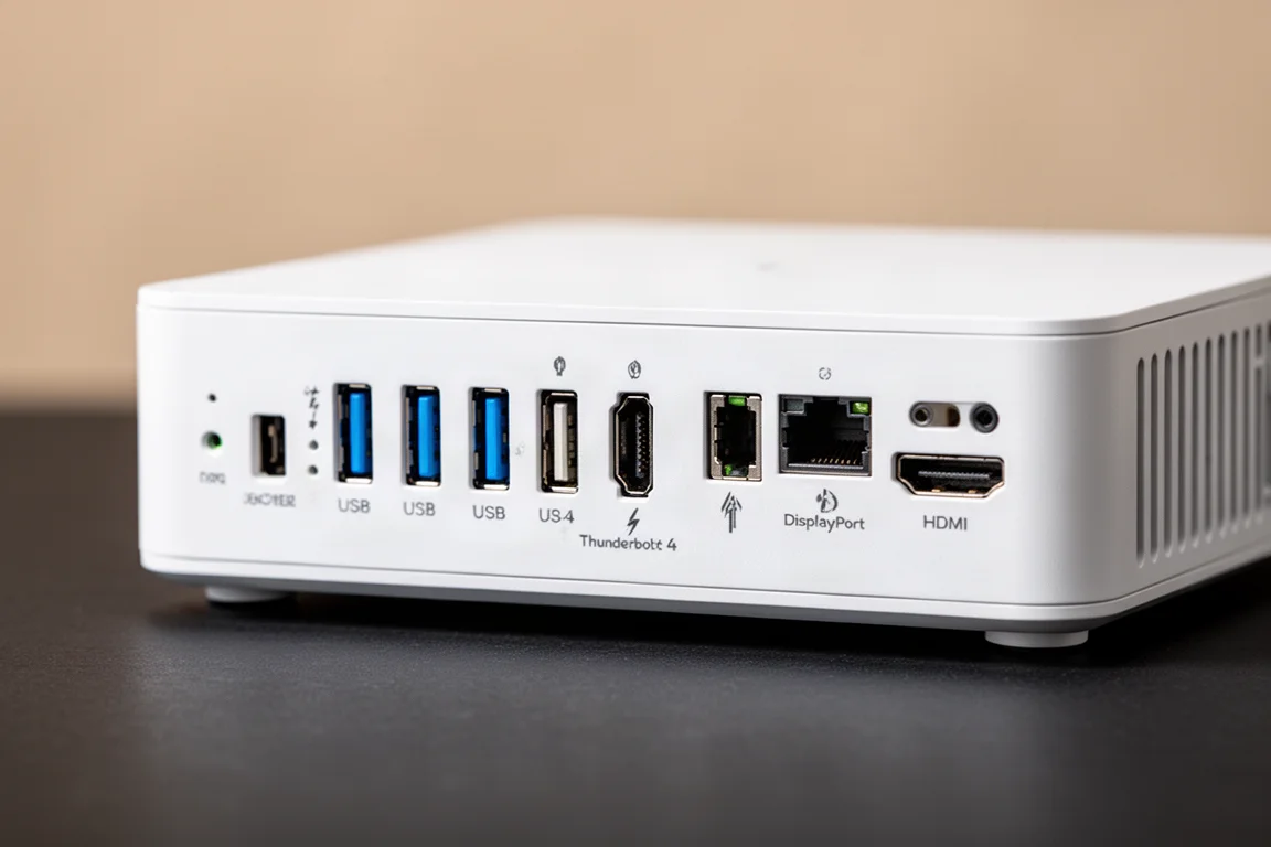 Rückseite des ROG NUC 16 mit mehreren Anschlüssen und Verbindungen