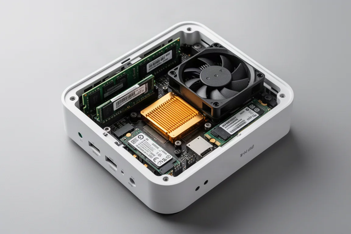 Innenansicht des ROG NUC 16 mit RAM, SSD-Steckplätzen und Kühlsystem