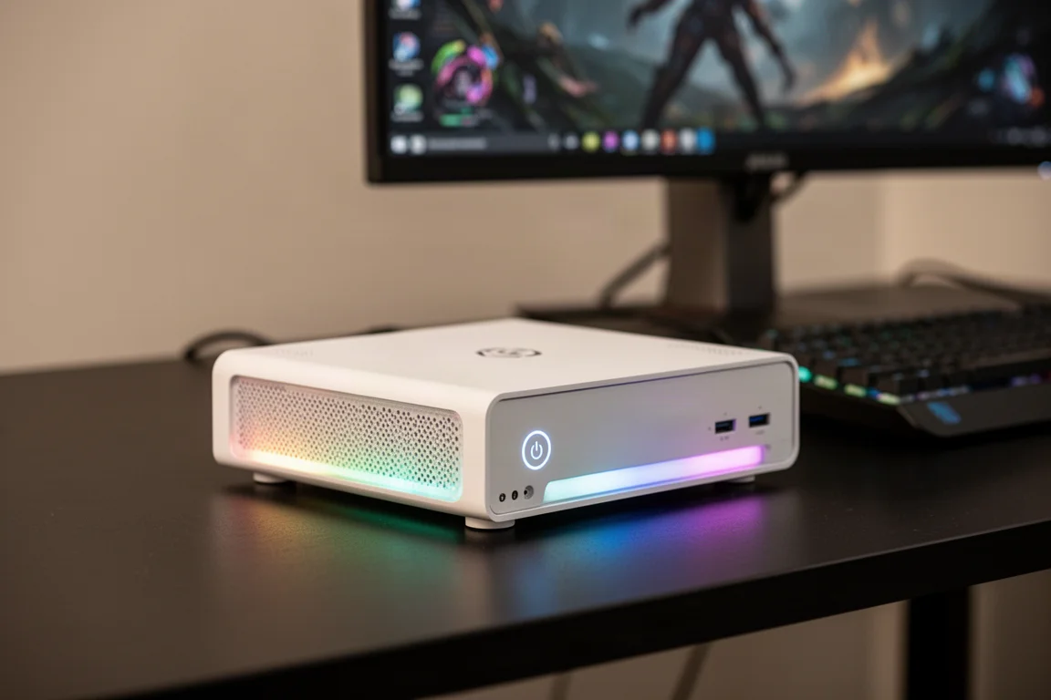 ROG NUC 16 horizontal auf einem Schreibtisch platziert, mit sichtbarer RGB-Beleuchtung