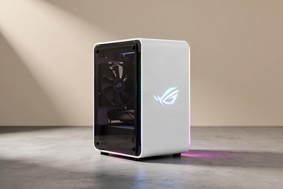 반투명 측면 패널이 있는 흰색 ROG NUC 16 미니 PC가 세로로 서 있는 모습