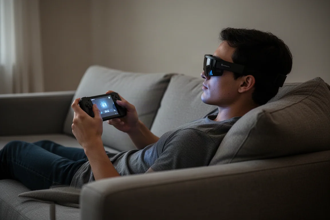 Person relaxing on a couch wearing AR glasses while holding a handheld gaming device