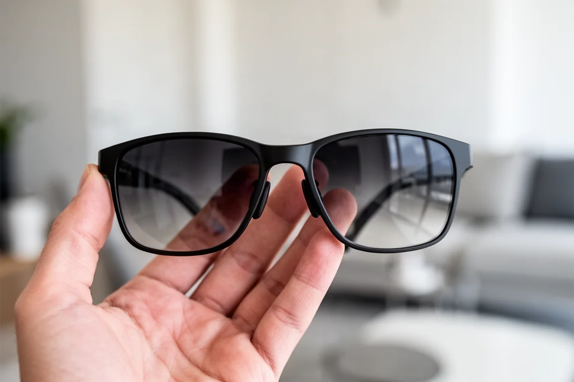 Close-up of AR glasses with electrochromic lenses transitioning from dark to clear