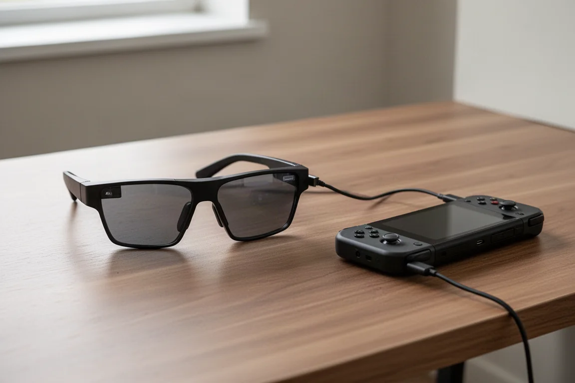 AR glasses connected to a handheld gaming device with a single USB-C cable on a desk