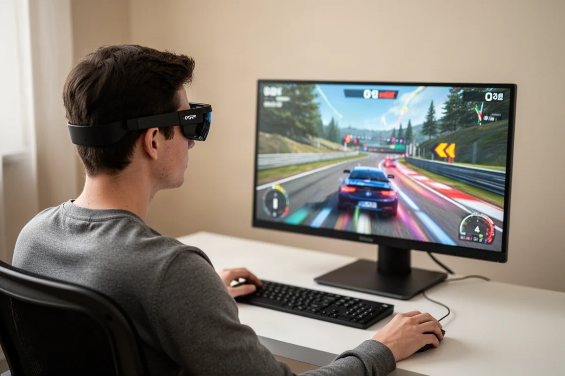 Person wearing AR glasses at a desk with a gaming monitor in the background