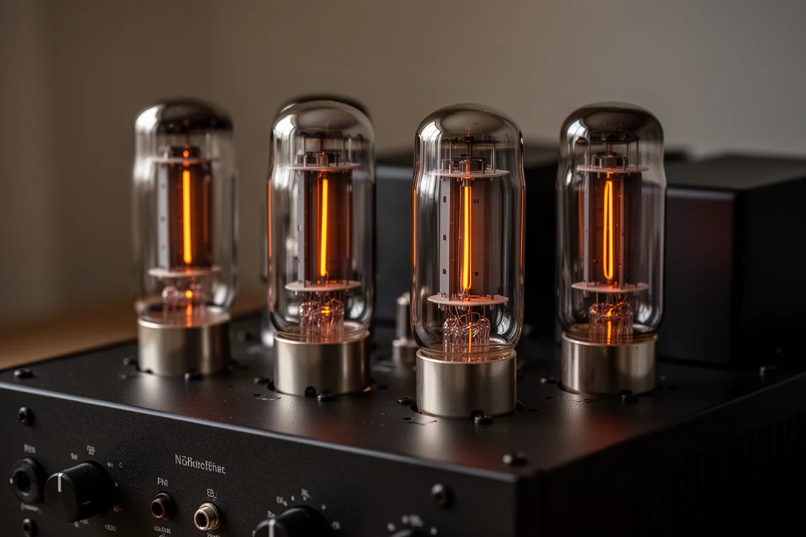 Primo piano di quattro grandi valvole termoioniche di vetro che brillano di arancione sul telaio nero di un amplificatore