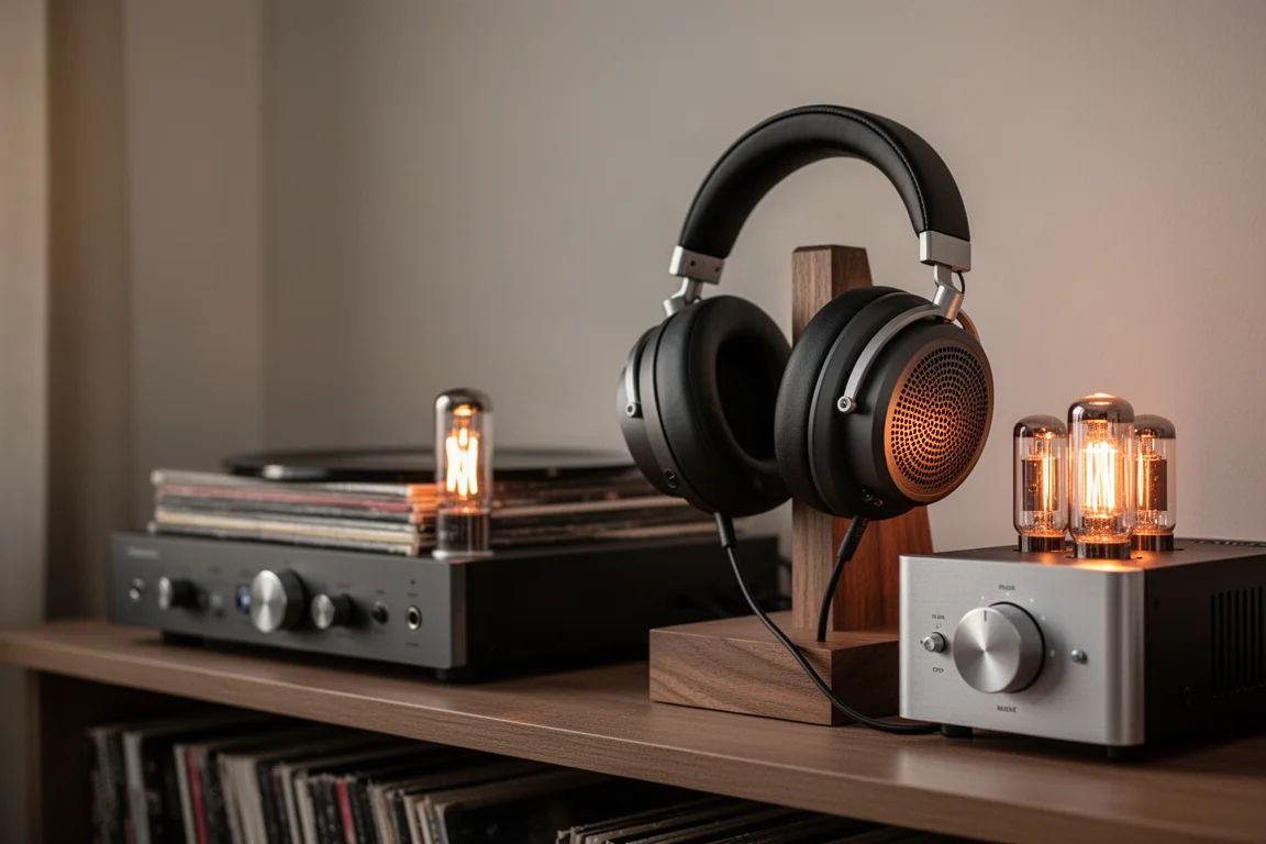 Grandi cuffie planari magnetiche su un supporto di legno accanto a un amplificatore a valvole acceso e dischi in vinile
