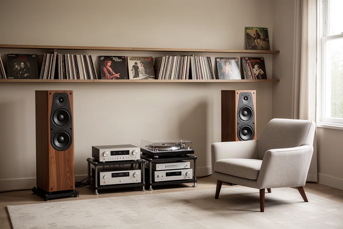 Impianto d'ascolto in soggiorno con diffusori da pavimento alti, un rack per apparecchiature e uno scaffale di dischi in vinile