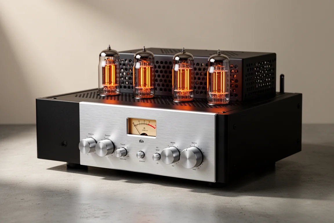 Rogue Audio Cronus Dark integrated tube amplifier with glowing tubes on a concrete surface