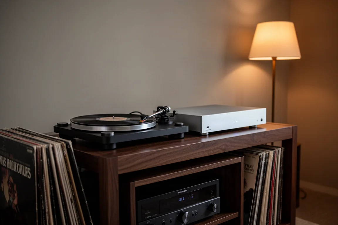 Plattenspieler und schlanker Verstärker auf einem dunklen Holz-Hi-Fi-Rack in einem dämmrigen Hörraum