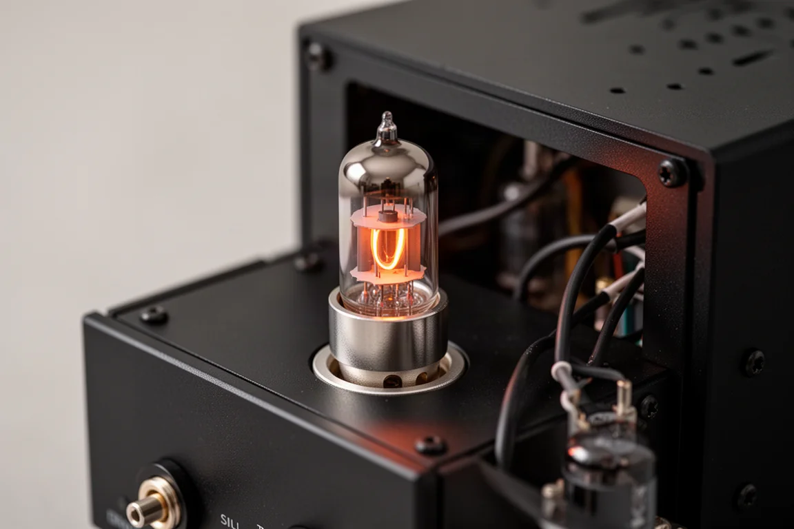 Nahaufnahme einer glühenden Vakuumröhre in einem schwarzen Metall-Audiochassis