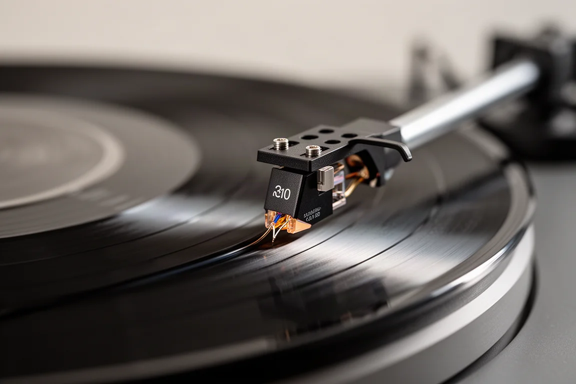 Phonotonsystem und Tonarm in der Rille einer Vinylschallplatte