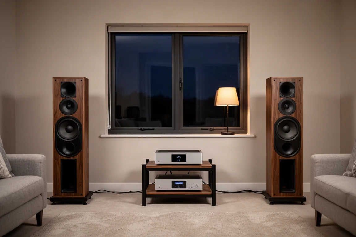 Hi-Fi-System mit hohen Lautsprechern und einem Verstärker in einem ruhigen Wohnzimmer in der Abenddämmerung