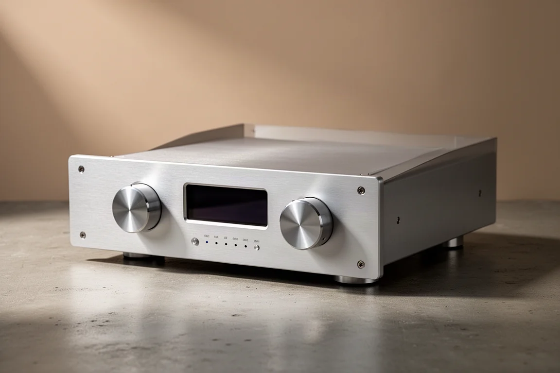 Silver hand-built tube preamplifier with two large metal knobs on a concrete surface