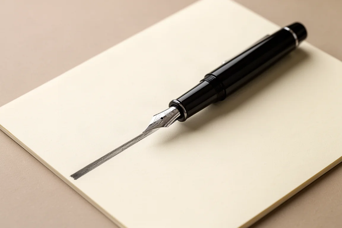 クリーム色の紙に濃いグレーのインクで書く、極細ペン先の万年筆