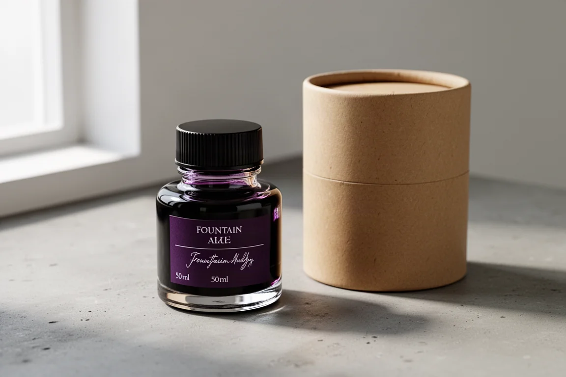 Clear glass ink bottle with dark ink beside its cardboard canister on concrete
