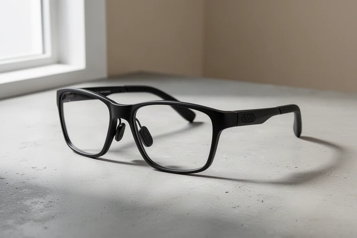 Matte black Roka Halsey prescription glasses on a concrete surface