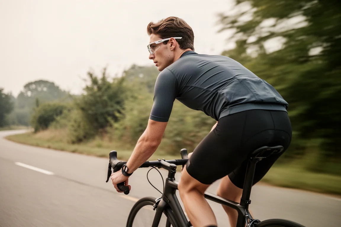 Radfahrerin auf offener Straße mit Klar glasiger Brille bei sanftem Tageslicht