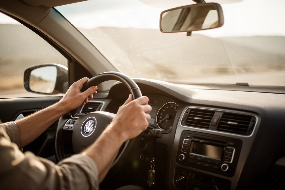 Fahrer mit Sonnenbrille mit Korrektionsgläsern auf einer sonnigen Landstraße