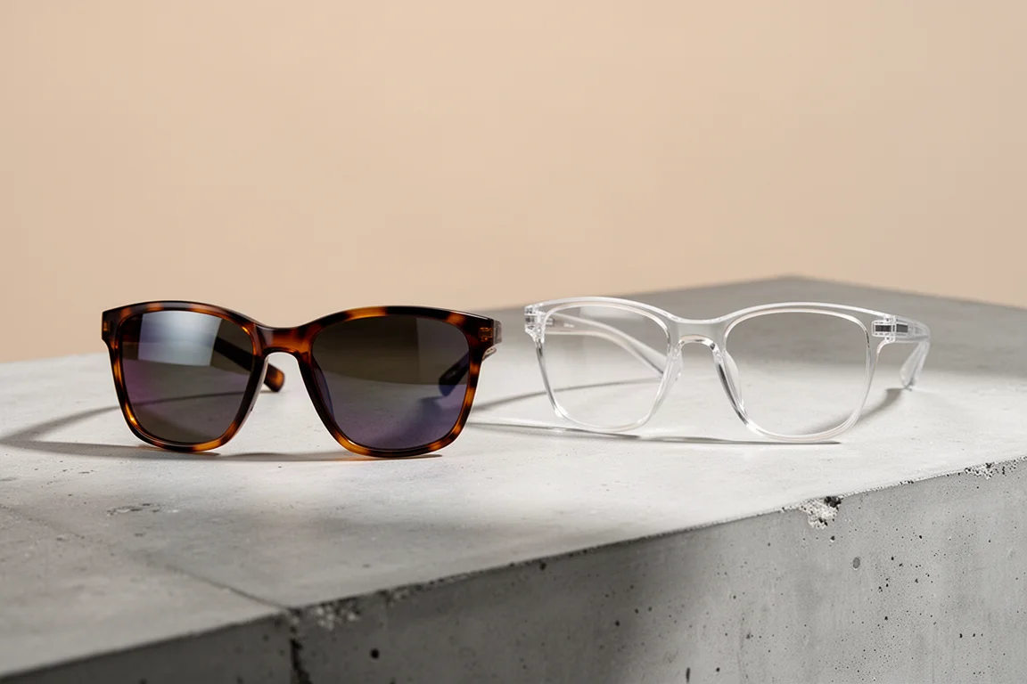 Roka Lockhart sunglasses and Roka Halsey glasses side by side on concrete