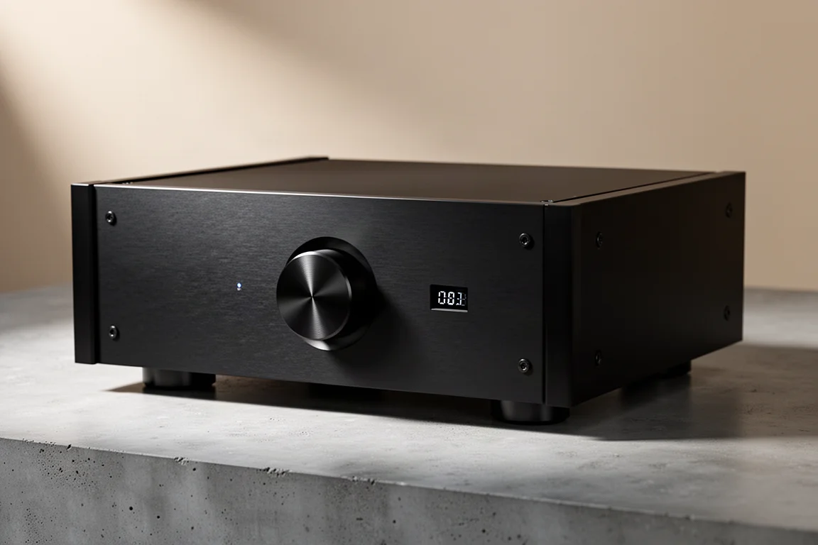 Matte black integrated hi-fi amplifier with a large central volume knob on a concrete surface
