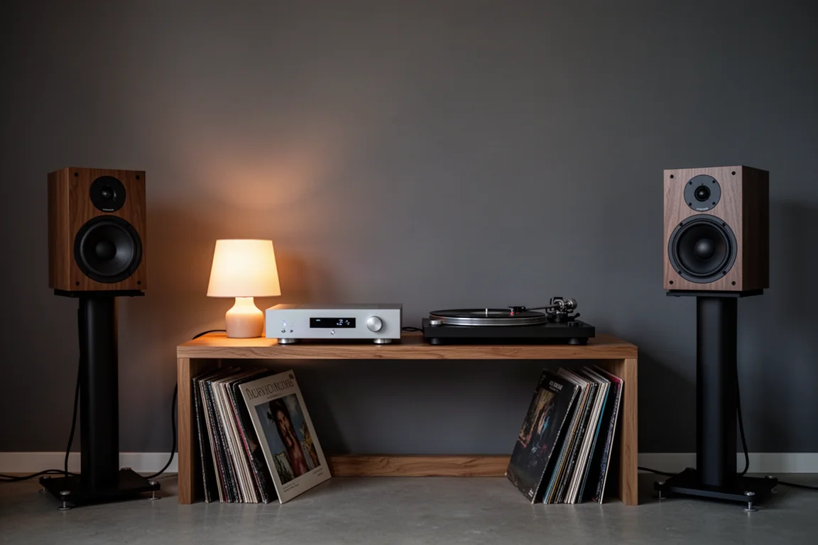 Sala d'ascolto accogliente con giradischi, un amplificatore sottile su un ripiano basso e diffusori da stand