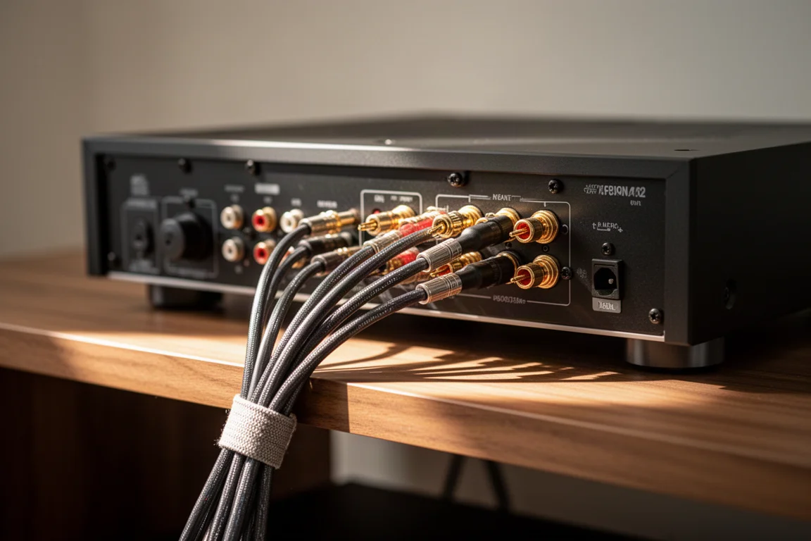 Vista posteriore di un rack hi-fi con cavi per diffusori e interconnessioni collegate a un amplificatore