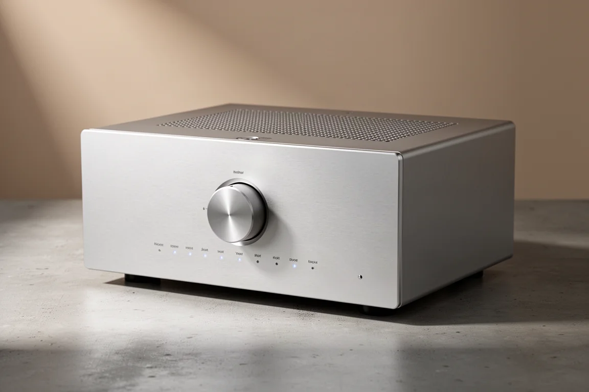 Slim silver integrated amplifier with a central dial on a matte concrete surface