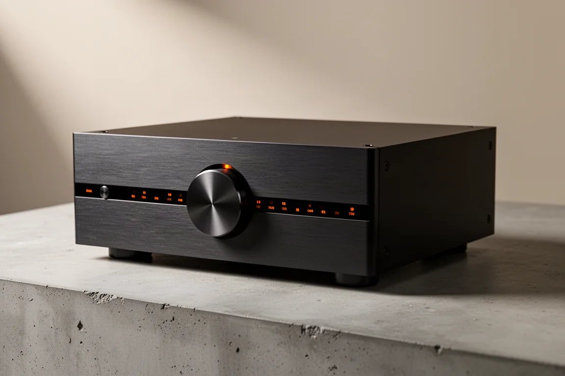 Slim integrated amplifier with a single machined dial and orange indicator lights on a concrete surface