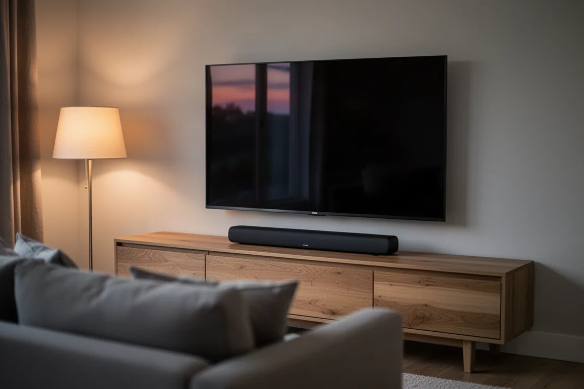 Flache Soundbar an der Vorderkante einer Holzmedienkonsole unter einem großen Fernseher