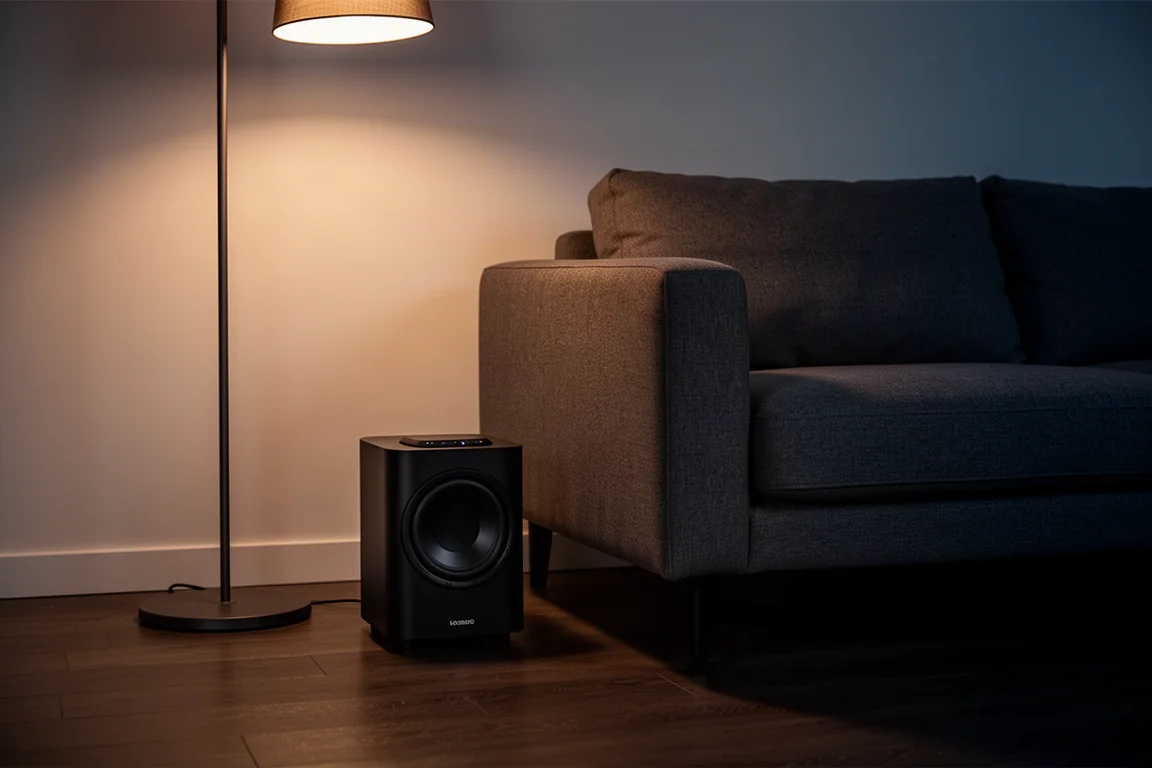 Kompakter drahtloser Subwoofer in der Ecke eines dunklen Wohnzimmers auf dunklem Holzboden