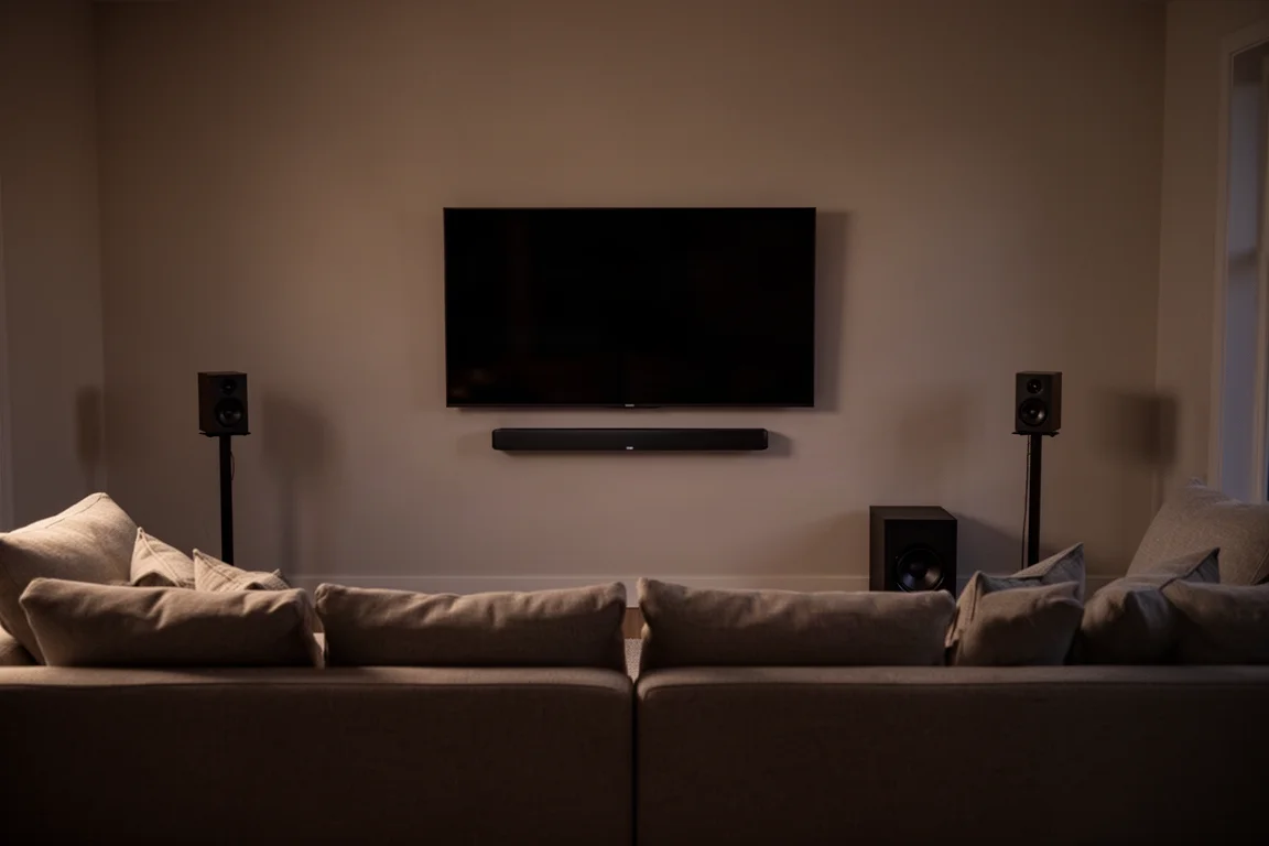 Wohnzimmer bei Nacht mit Soundbar, zwei hinteren Surround-Lautsprechern und einem Subwoofer