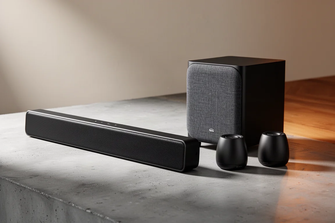 Roku Streambar Pro sound bar, wireless subwoofer and two wireless speakers on a concrete surface