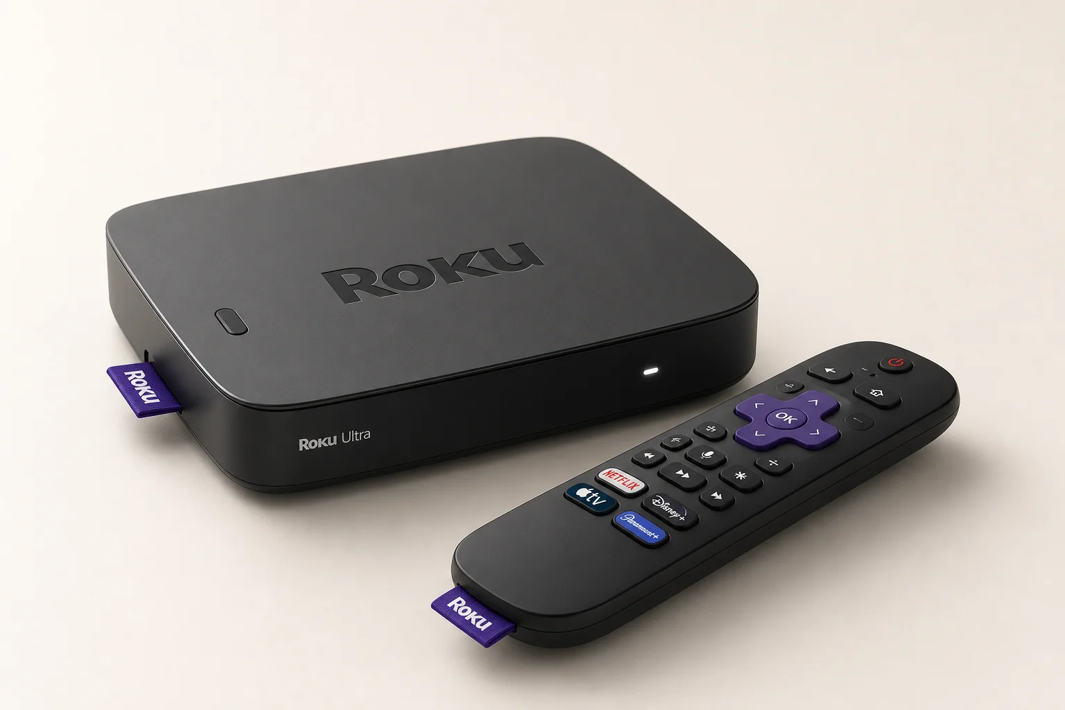 Five streaming devices arranged in descending order on concrete surface