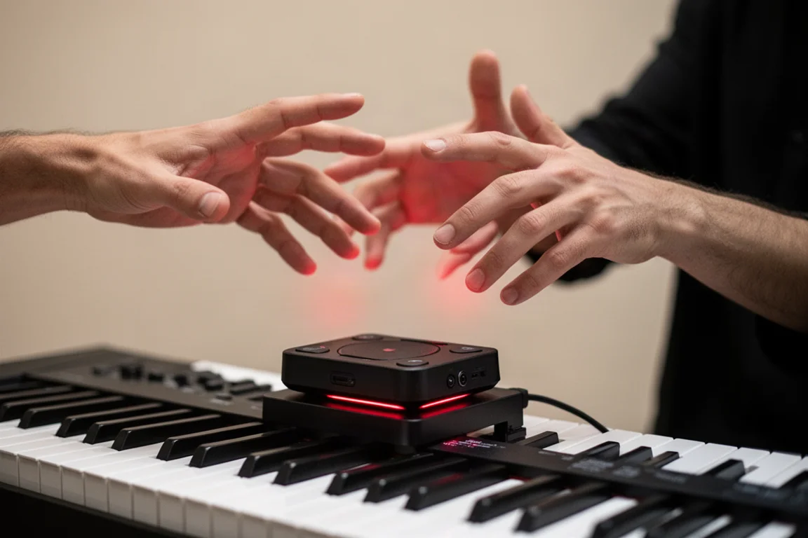 音樂家的手在安裝於鍵盤上方的 ROLI Airwave 裝置上方做手勢