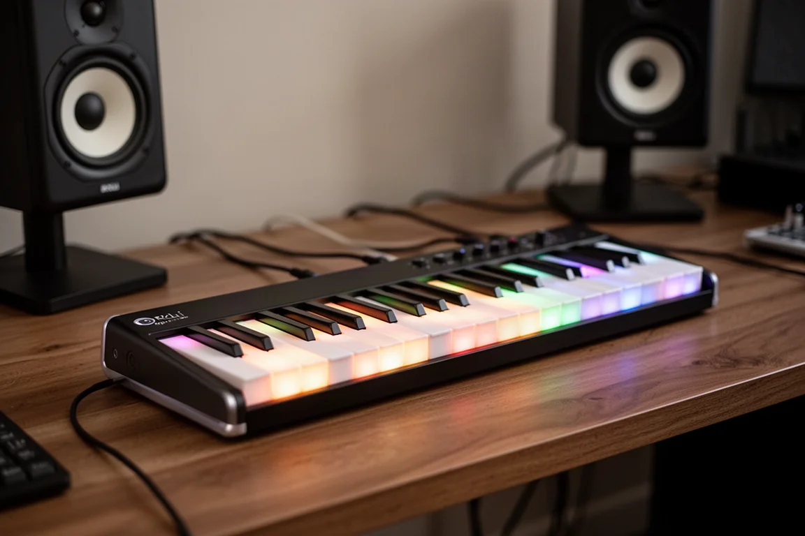 ROLI Piano 鍵盤,琴鍵發光,置於家庭錄音室的桌上